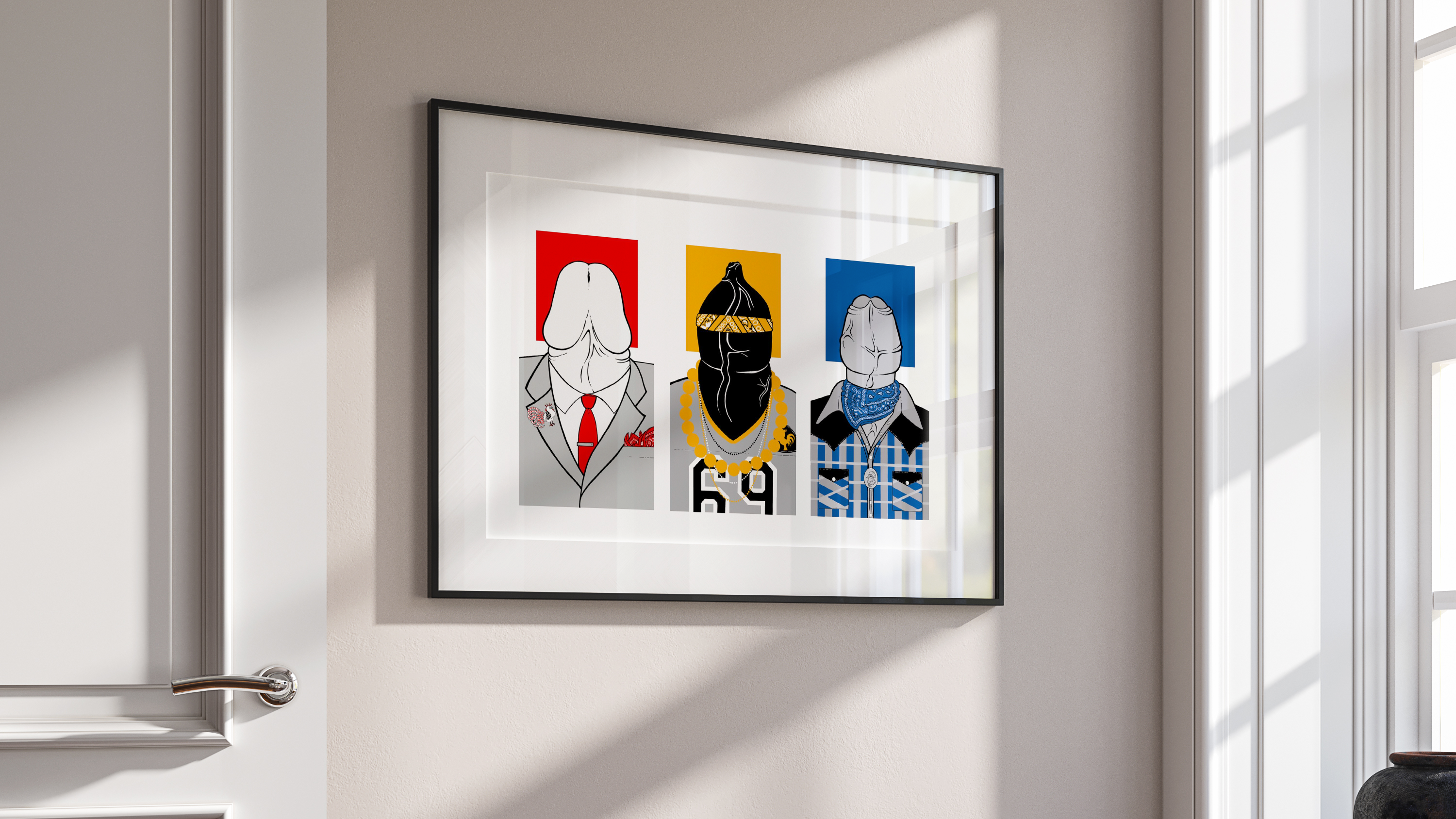Giclée print of the three panels of erostakles' Tripdychead series of gay art, which features three dicks in clothing, with a red, yellow, and blue background, matted and in a black modern frame hanging on an apartment wall.